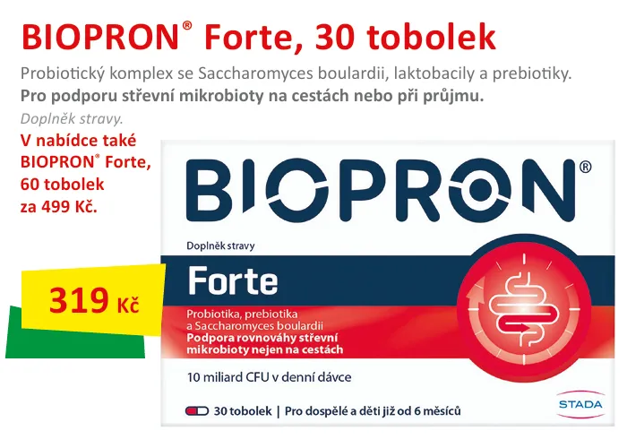 Balení doplňku stravy Biopron® Forte s 30 tobolkami, určeného pro podporu střevní mikrobioty na cestách nebo při průjmu. Zvýrazněná je akční cena 319 Kč.